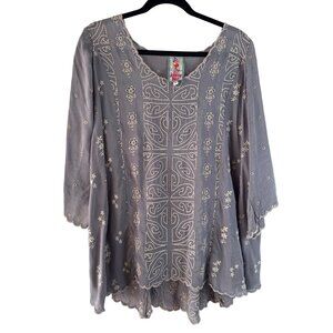Johnny Was Embroidered Gray Tunic Top Boho Hippie M